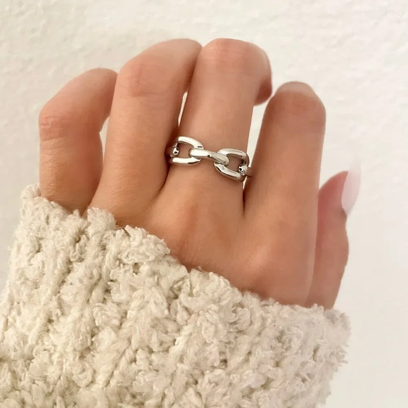 925 Sterling Silver Chain Link Ring Band Midi Ring Thumb Ring Adjustable Ring - Picture 3 of 9